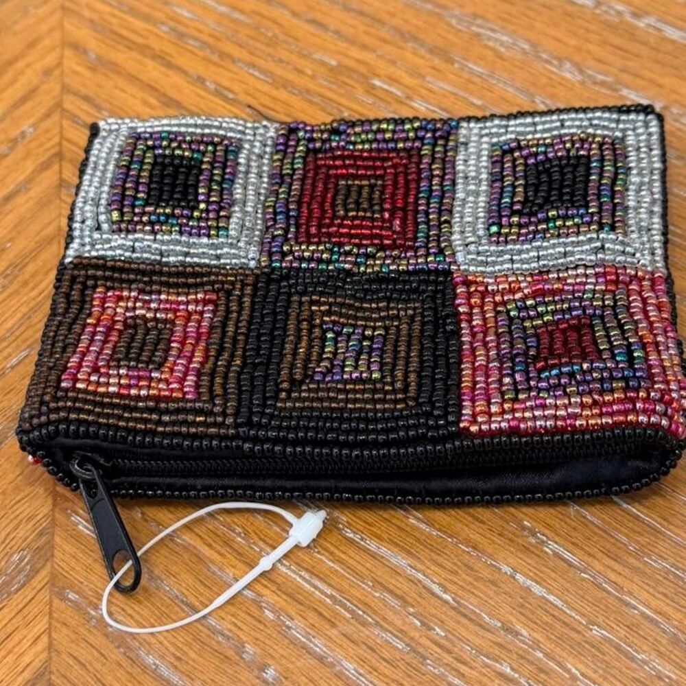 NWOT Vintage Fossil Beaded Geometric Pattern Multicolored Squares Coin Purse - Picture 4 of 8